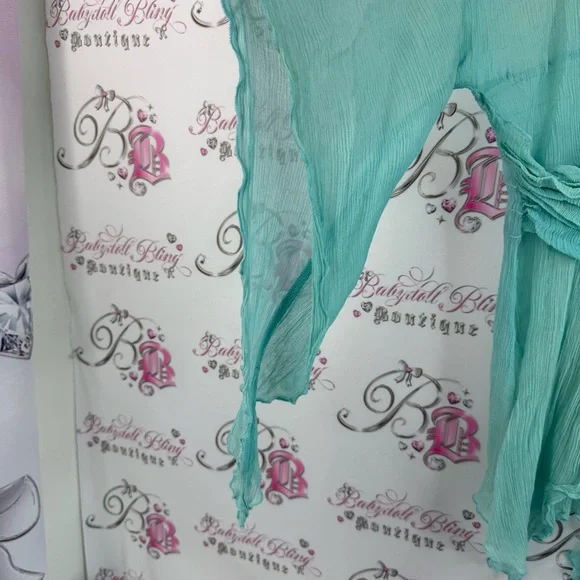 Guess top y2k fairy whimsy whimsical shirt blouse Sheer Teal Long Sleeve Top - Picture 7 of 15